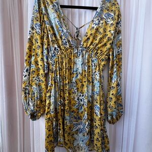 Free People Yellow and Blue Floral Long Sleeve Dress
